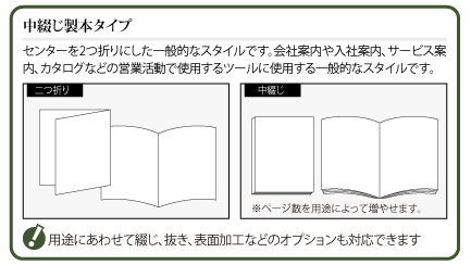 中綴じタイプ：センターを2つ折りにした一般的なスタイルです。会社案内や入社案内、サービス案内、カタログなどの営業活動で使用するツールに使用する一般的なスタイルです。